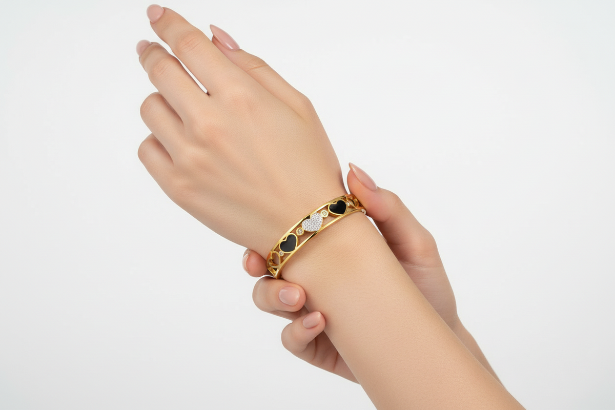 Heart Motif Gold Bracelet with Black & Crystal Accents | Romantic Jewellery