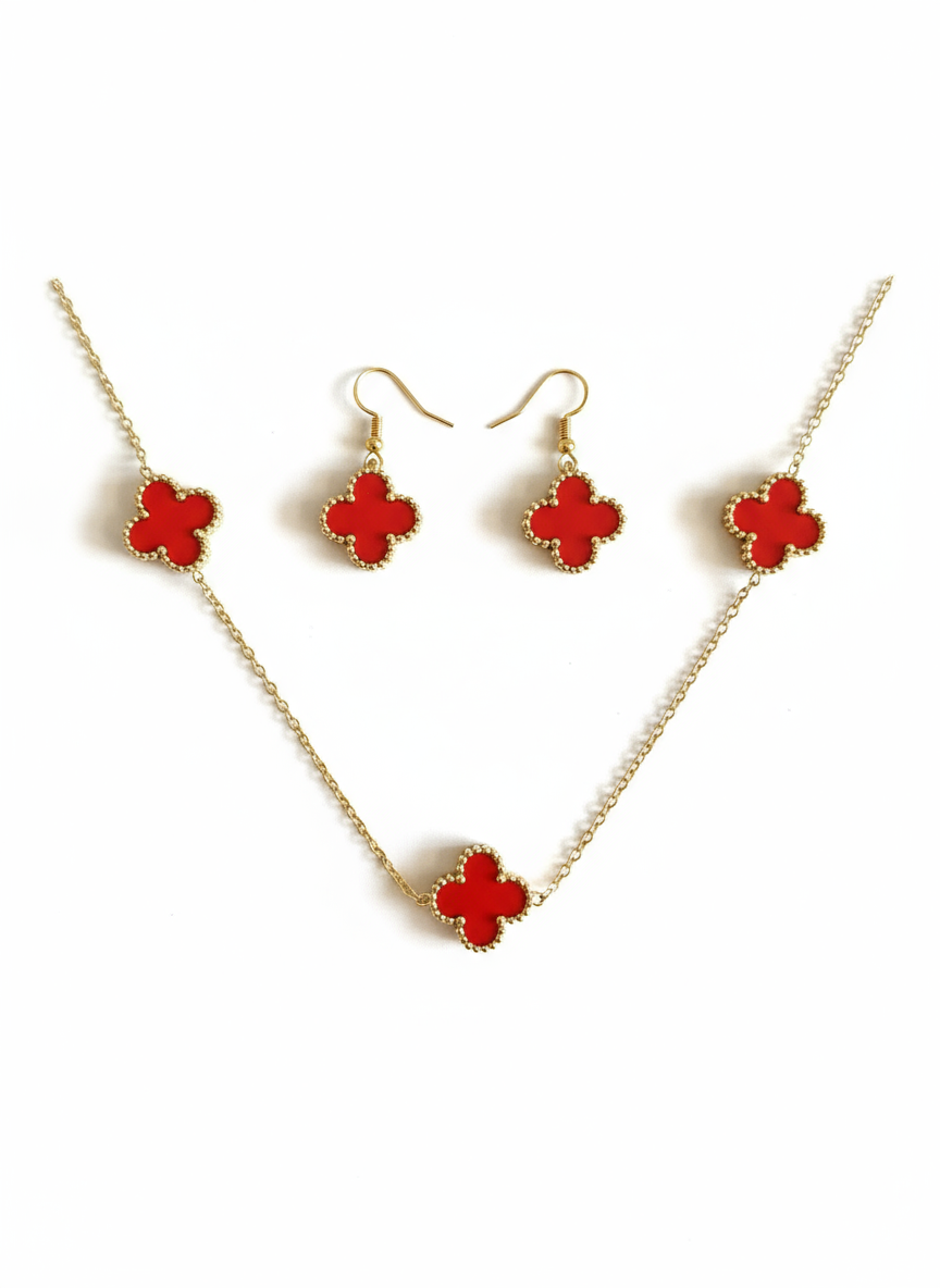 Golden Red Clover Anti-Tarnish Necklace Set With Earrings - Gift Era Shore