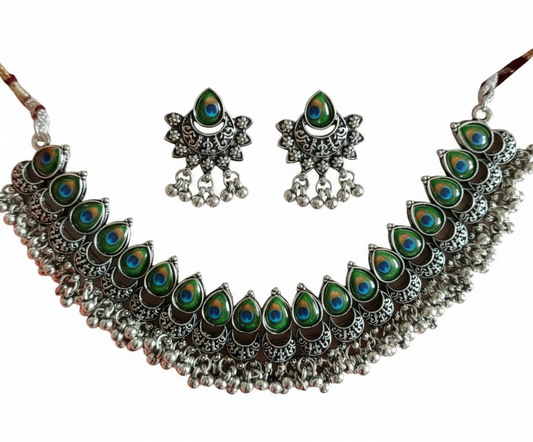 Oxidized Flower & Peacock Drop Choker Set - Gift Era Shore