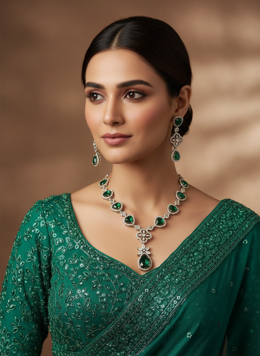 Grand Emerald Green & White Stone Long Necklace Set - Traditional Indian Jewellery