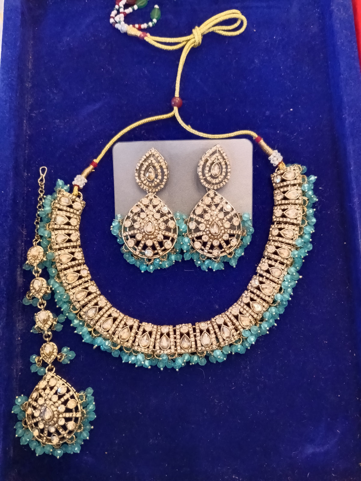 Antique Gold Polki Choker Set with Striking Blue Beads & Maang Tikka - Ethnic Look