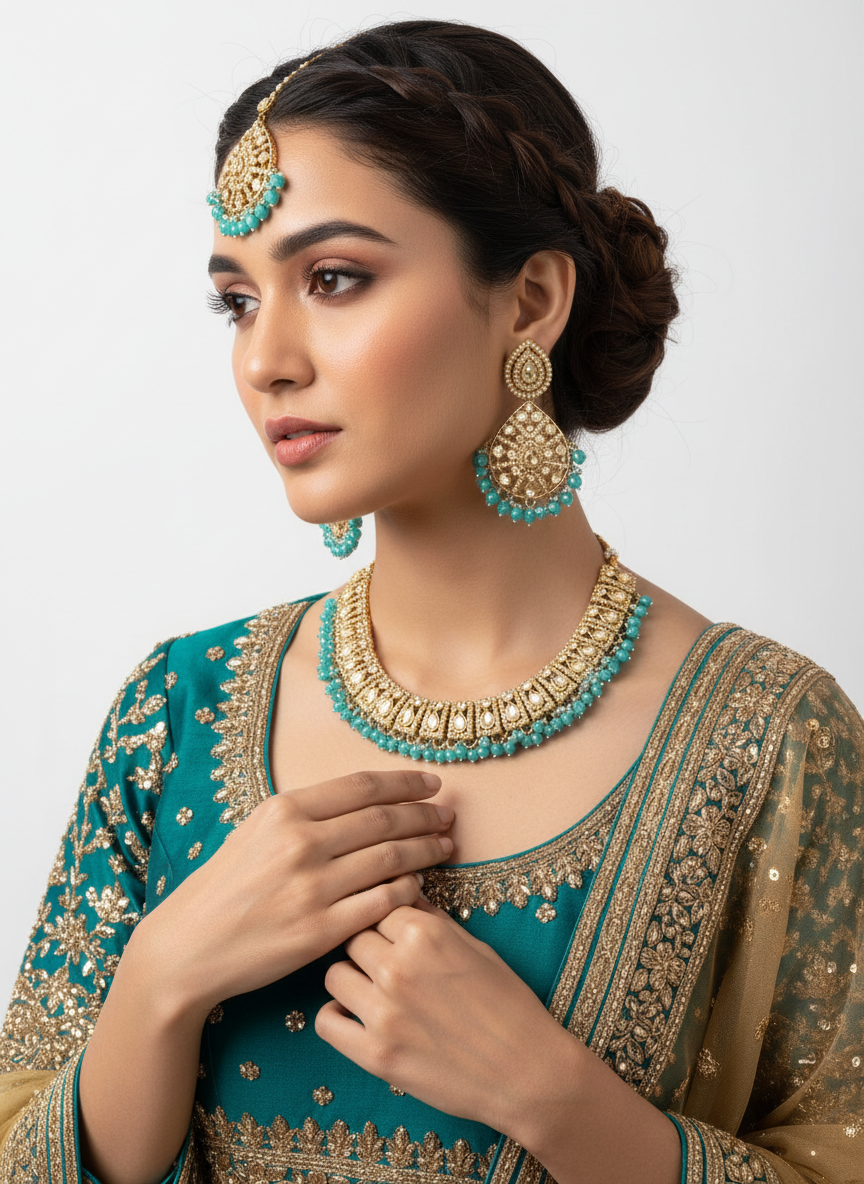 Antique Gold Polki Choker Set with Striking Blue Beads & Maang Tikka - Ethnic Look