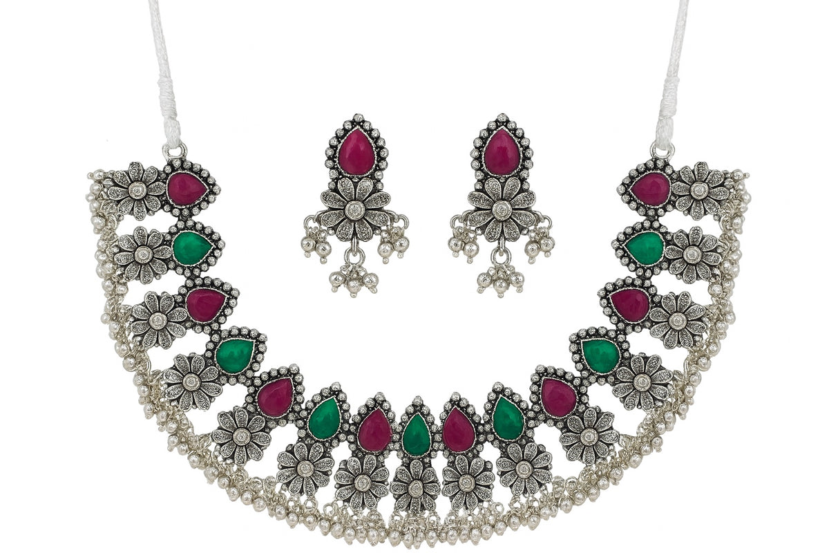 Silver Oxidised Floral Choker Set with Pink & Green Stones - Gift Era Shore