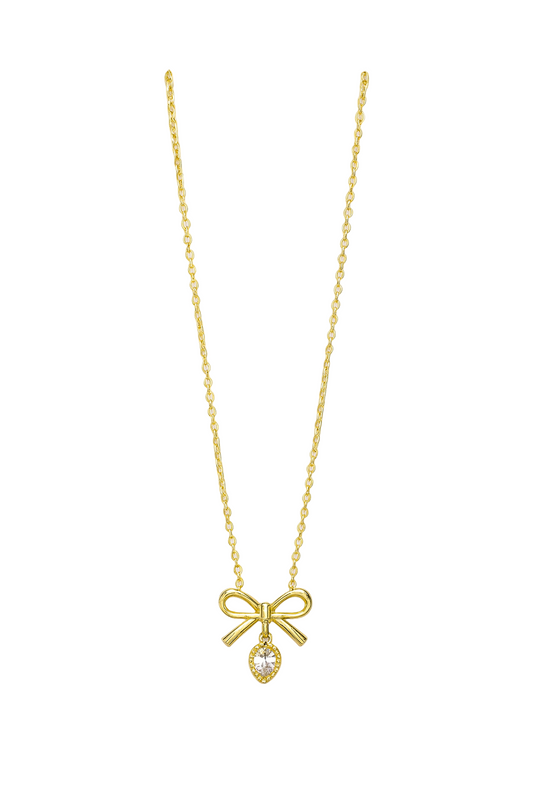 Gold Plated Anti-Tarnish Bow Pendant Necklace with Crystal Drop - Gift Era Shore