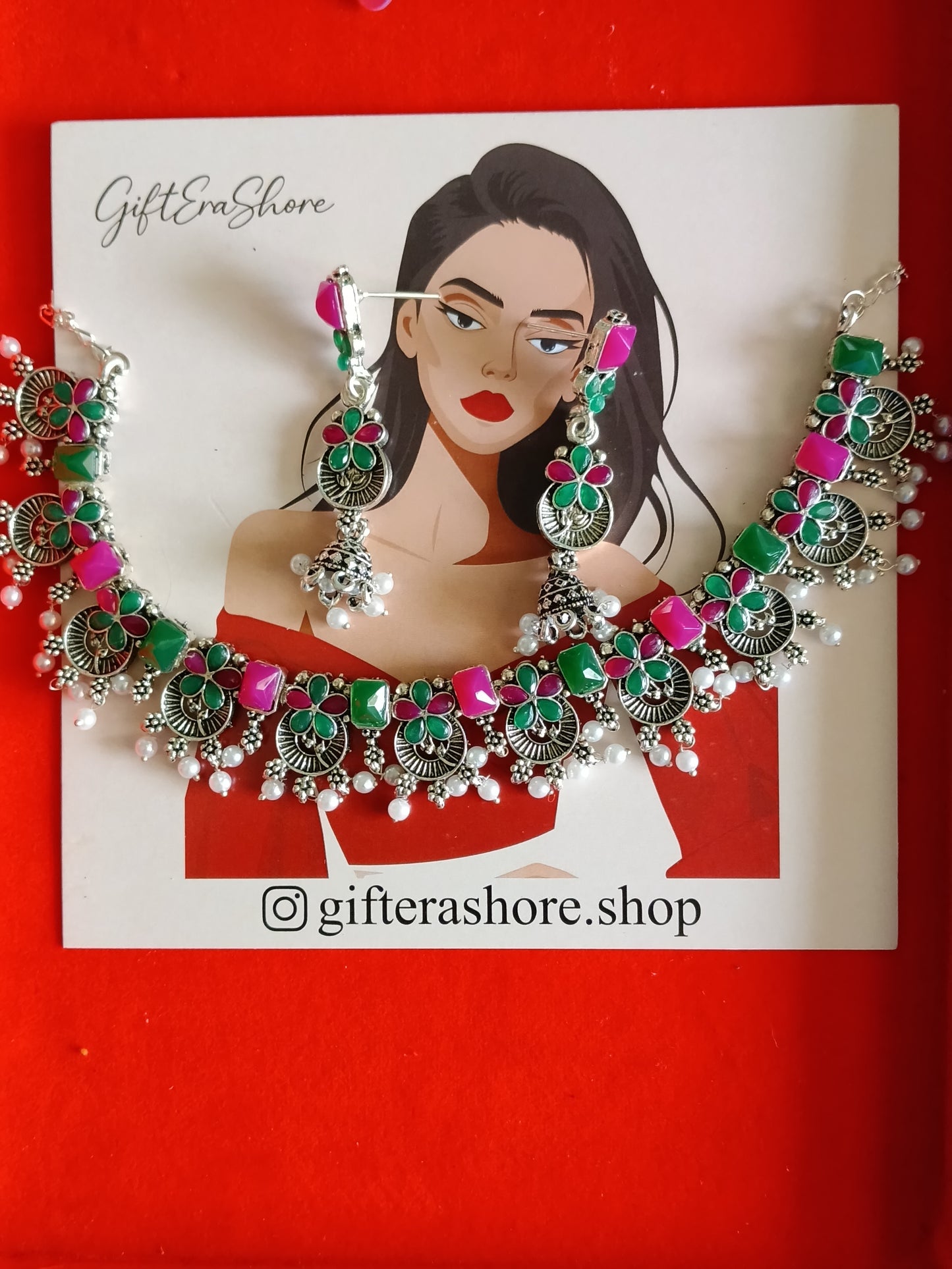 Oxidised Peacock Design Green & Pink Choker Set - Gift Era Shore