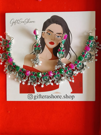 Oxidised Peacock Design Green & Pink Choker Set - Gift Era Shore