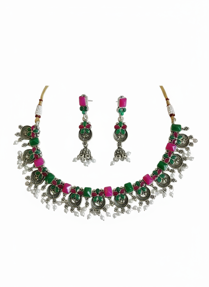 Oxidised Peacock Design Green & Pink Choker Set - Gift Era Shore