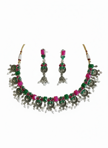 Oxidised Peacock Design Green & Pink Choker Set - Gift Era Shore