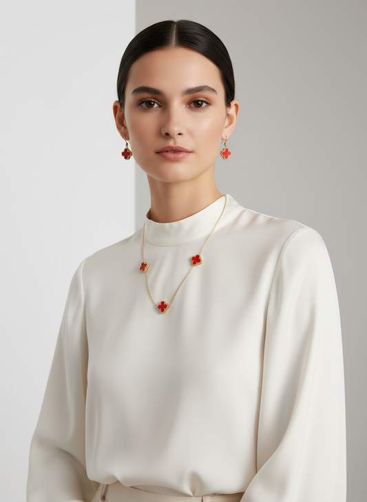 Golden Red Clover Anti-Tarnish Necklace Set With Earrings - Gift Era Shore