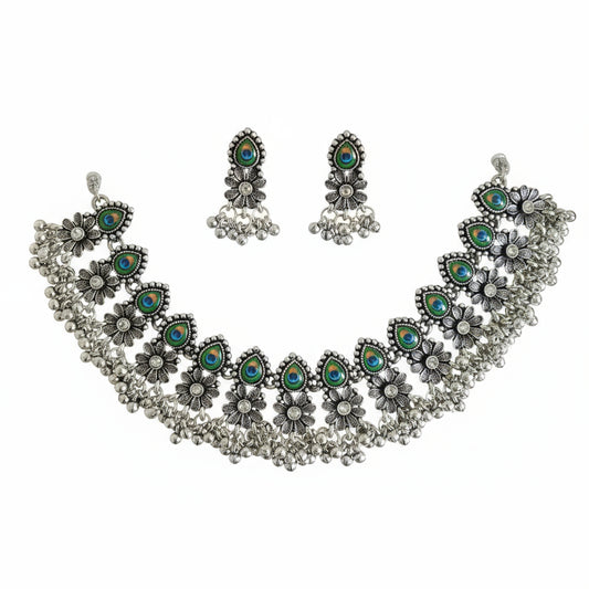 Oxidized Peacock Feather Choker Set - Gift Era Shore