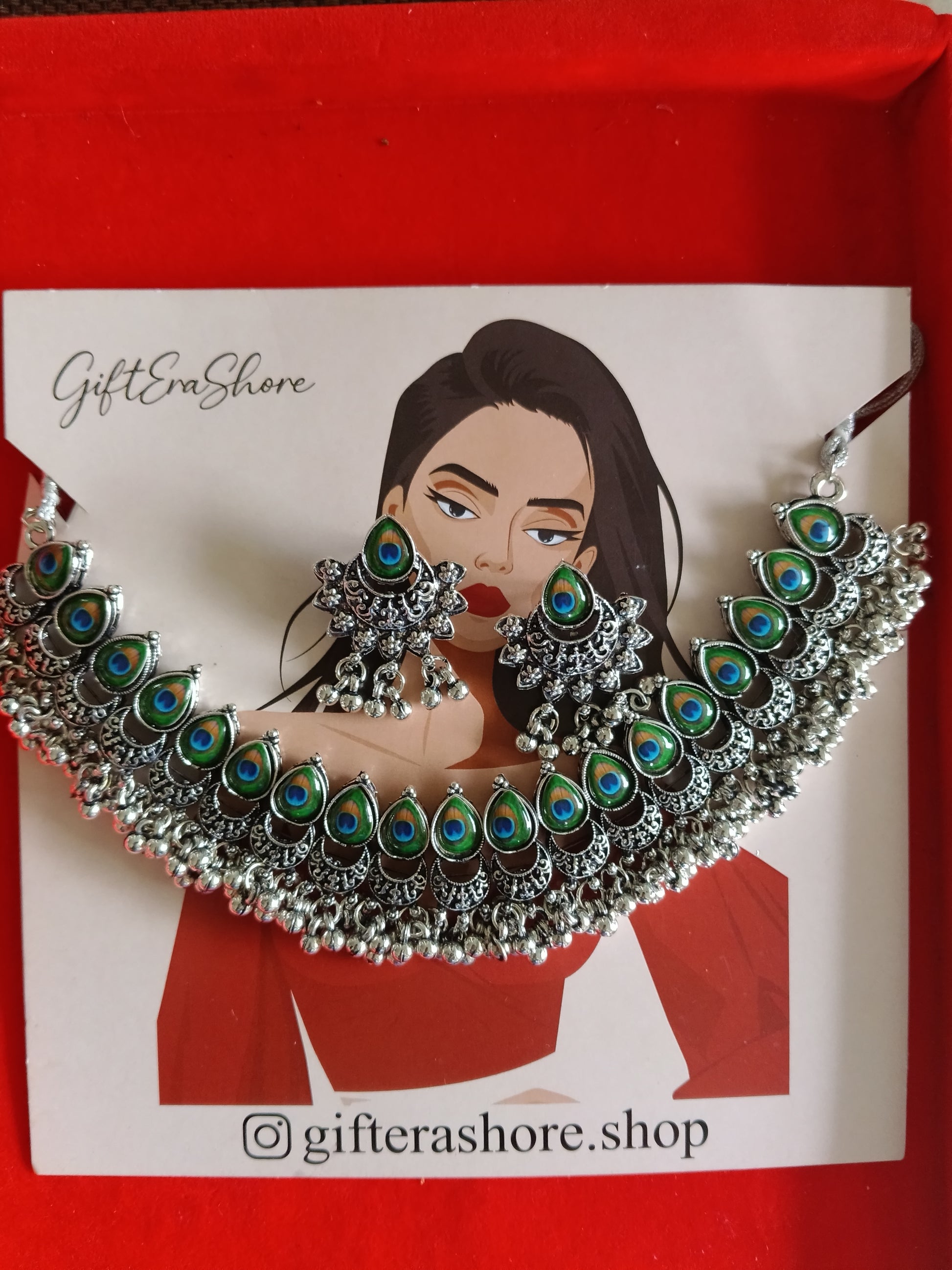 Oxidized Flower & Peacock Drop Choker Set - Gift Era Shore