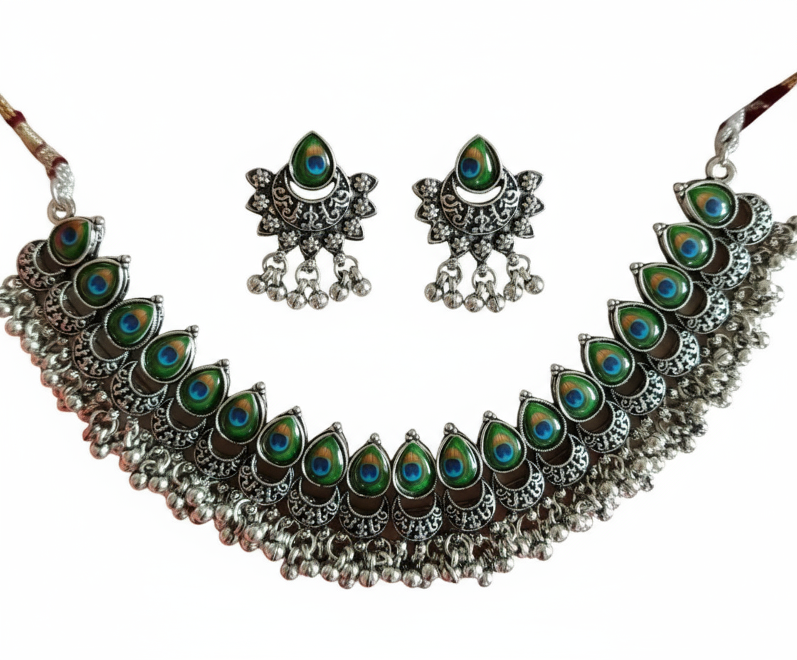 Oxidized Flower & Peacock Drop Choker Set - Gift Era Shore