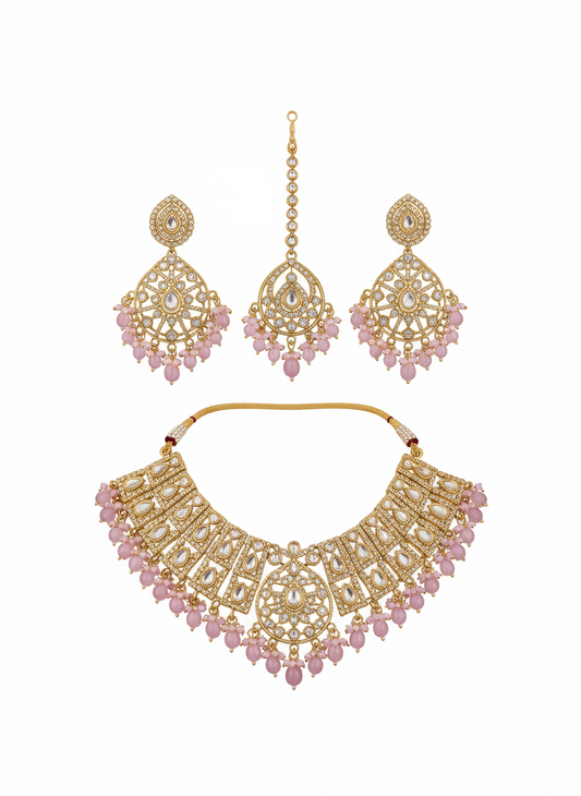 Pink Bead & Champagne Stone Heavy Necklace Set - Gift Era Shore