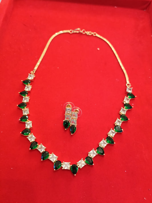 Green & White AD/CZ Choker Necklace Set - Emerald Square & Teardrop Stones