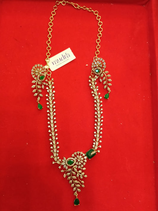 Designer Long AD/CZ Vine Necklace with Emerald Drops - Gold Plated Chain