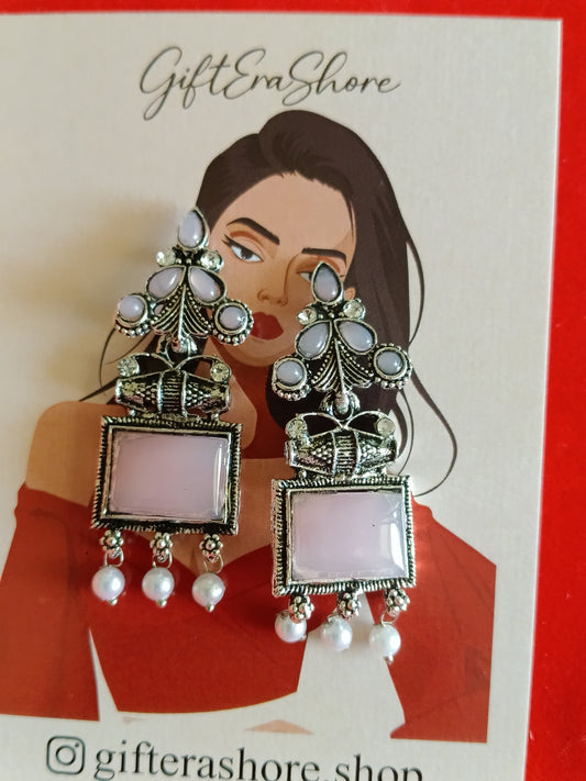 Soft Pink Square Stone Oxidized Drop Earrings - Boho Chic