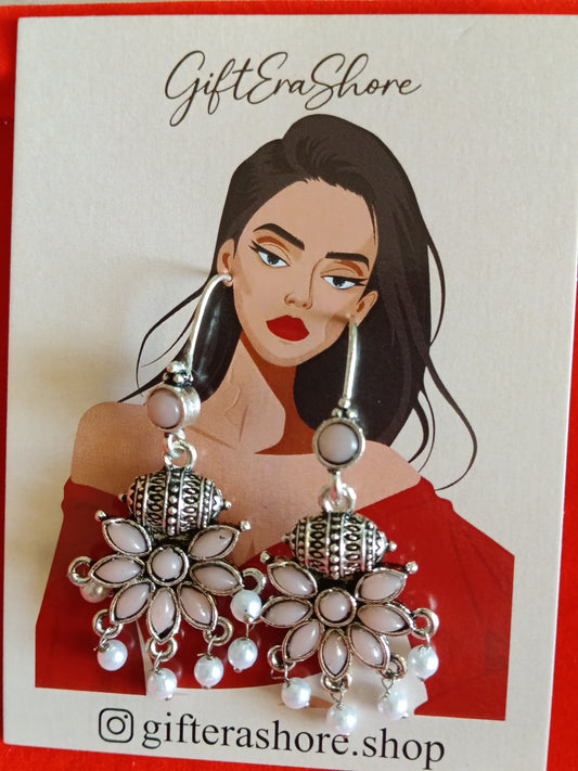 Delicate Blush Pink Flower Oxidized Jhumka Earrings