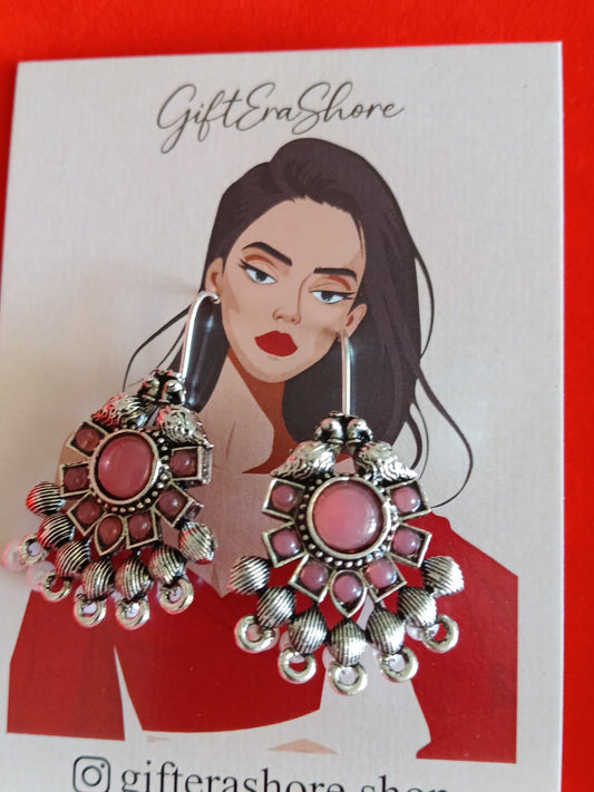 Sweet Pink Stone Floral Studded Oxidized Drop Earrings