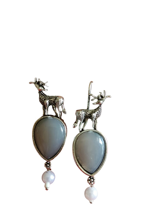 Elegant Ash Grey Teardrop & Deer Drop Earrings - Subtle Style