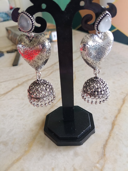 Oxidized Silver Heart Jhumka Earrings