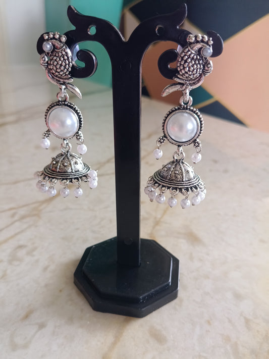 Oxidized Silver Pearl Peacock Jhumka Earrings