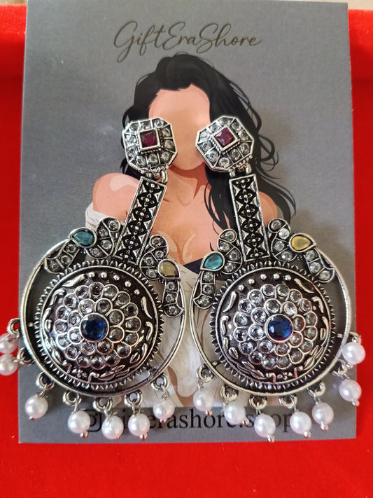 Oxidized Silver Mandala Dangle Jhumka Earrings