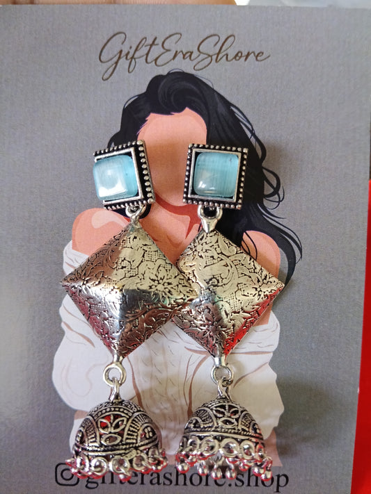 Oxidized Silver Kite Dangle Jhumka Earrings - Blue Stone