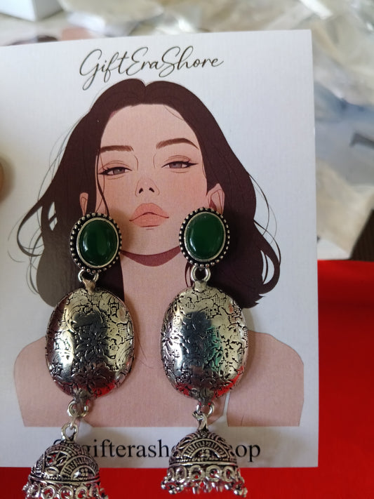 Oxidized Silver Oval Jhumka Earrings - Green Stone