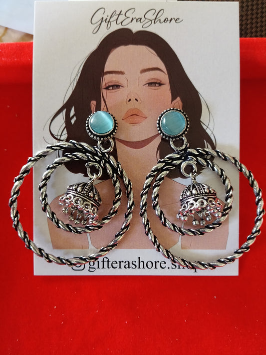 Oxidized Silver Twisted Hoop Jhumka Earrings - Blue Stone