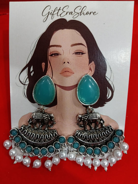 Oxidized Silver Elephant Dangle Earrings - Teal Stone