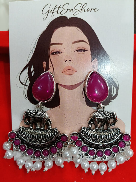Oxidized Silver Elephant Dangle Earrings - Magenta Stone