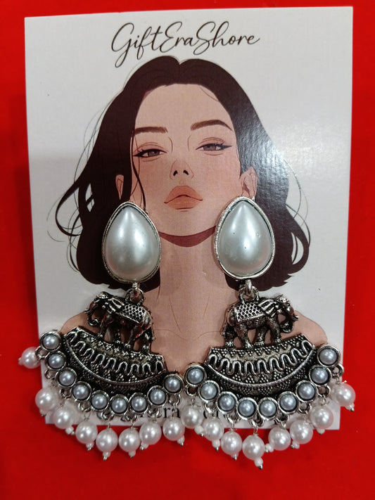 Oxidized Silver Elephant Dangle Earrings - Pearl