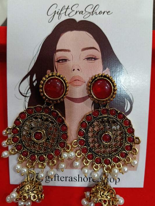 Antique Gold Red Stone Mandala Jhumka Earrings