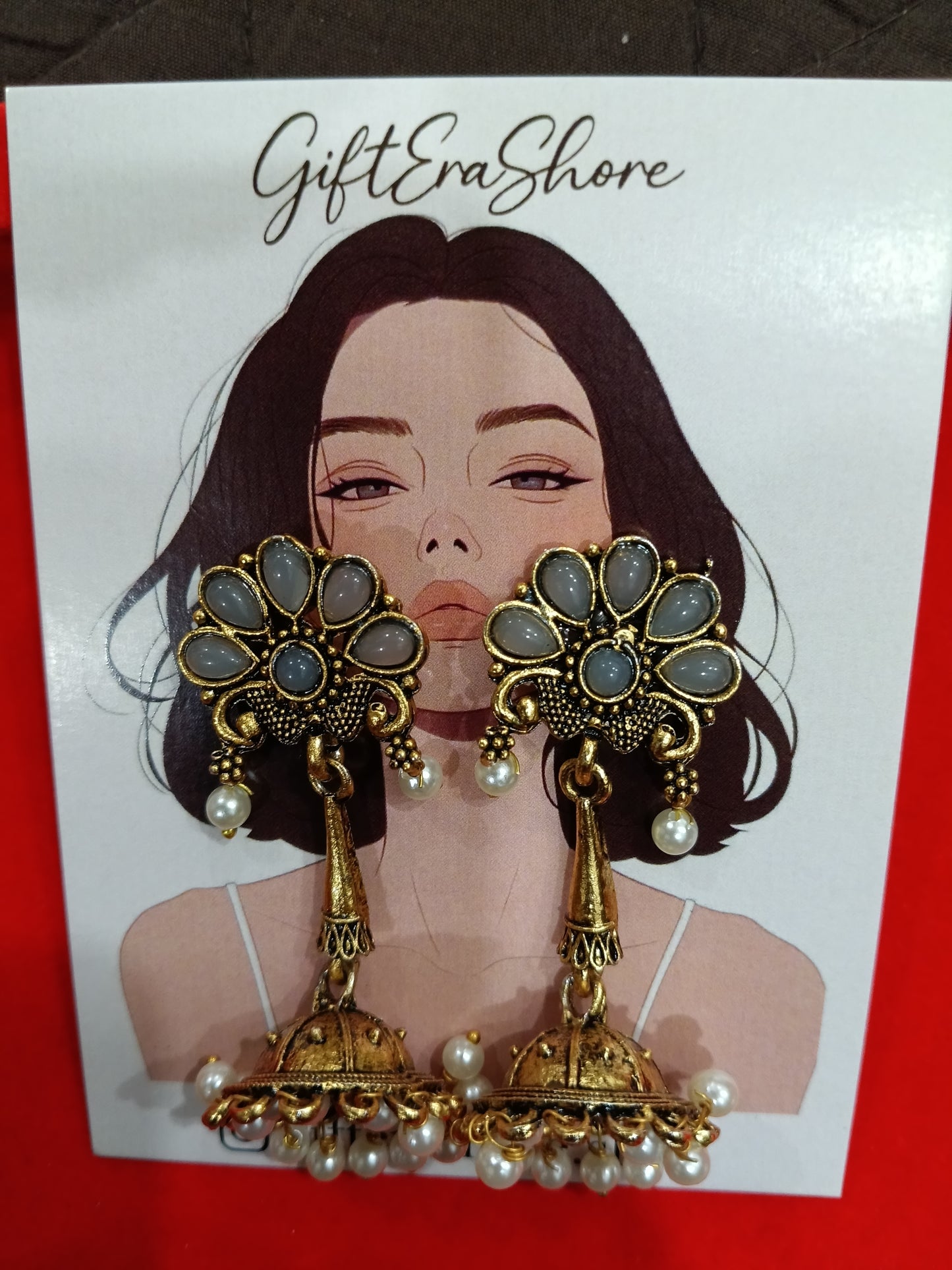 Antique Gold Floral Jhumka Earrings - Grey Stone