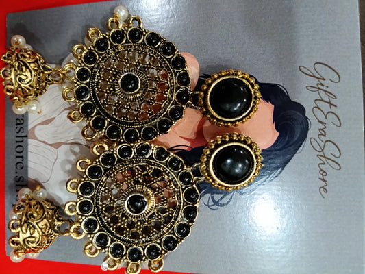 Antique Gold Black Stone Mandala Jhumka Earrings