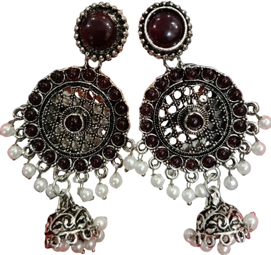 Oxidized Silver Mandala Jhumka Earrings - Maroon Stone